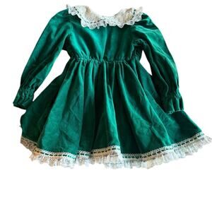 Vintage Handmade Green Velvet Holiday Dress Toddler 3T Lace Collar Christmas